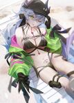  1girl :p bare_legs bare_shoulders baseball_cap beach bikini black_bikini black_hands black_hat body_markings breasts choker cleavage collarbone colored_extremities commentary crossed_bangs daeraeband demon_girl demon_horns fate/grand_order fate_(series) full_body green_eyes green_jacket grey_hair hair_between_eyes hat highres horns jacket large_breasts lilith_(fate) lilith_(swimsuit_rider)_(first_ascension)_(fate) long_hair long_sleeves looking_at_viewer multicolored_jacket navel off_shoulder one_eye_closed outdoors outstretched_hand pink_jacket pointy_ears ponytail pouch reaching reaching_towards_viewer sand shadow sitting smile solo stomach_tattoo swimsuit tattoo thigh_strap tongue tongue_out two-tone_jacket v zipper zipper_bikini 
