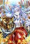  1girl bamboo bamboo_forest bow breasts collared_shirt commentary_request forest fujiwara_no_mokou full_moon grey_hair hair_bow highres kazu_(pixiv_73870096) long_hair long_sleeves looking_at_viewer moon multiple_hair_bows nature night ofuda ofuda_on_clothes pants red_eyes red_pants shirt small_breasts solo suspenders tiger touhou traditional_media very_long_hair watermark white_shirt 