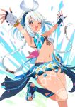  1girl aqua_headband blue_hairband blush body_markings braid chinchilla_ears commentary_request fingerless_gloves fish-shaped_pupils fur-lined_gloves genshin_impact gloves hairband hand_up headband highres kamuraaa_615 low_twin_braids midriff mualani_(genshin_impact) one_eye_closed red_eyes smile solo tan tanlines twin_braids white_hair 