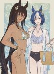  2girls absurdres animal_ears armpits ass ass_visible_through_thighs bag belly_chain bikini blue_eyes blue_hair bracelet braid breasts brown_hair cesario_(umamusume) cleavage closed_mouth clover_hair_ornament commentary_request dark-skinned_female dark_skin ear_ornament hair_between_eyes hair_ornament halterneck hand_up high_ponytail highres horse_ears horse_girl horse_tail jewelry large_breasts light_smile linea_alba lips long_hair looking_at_viewer matching_accessory multicolored_hair multiple_girls multiple_rings n_(n.oekaki) navel necklace outside_border pale_skin parted_lips pearl_necklace pendant ponytail print_bikini purple_eyes ring shell shell_pendant short_hair side-tie_bikini_bottom sideboob split_ponytail stomach swimsuit symboli_kris_s_(umamusume) tail thigh_gap toned toned_female two-tone_hair umamusume underboob very_long_hair white_hair 
