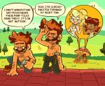  2boys 2girls arm_hair blonde_hair blue_eyes blue_pants body_hair breasts brown_hair building chest_hair cleavage cloud dress earrings english_text facial_hair full_body grass hammer high_five highres holding holding_hammer hot jewelry kneeling long_hair looking_at_another luigi mario mario_(series) multiple_boys multiple_girls mushroom mustache no_shirt on_roof pants princess princess_daisy princess_peach rooftop sarah_sketches short_hair sitting smile speech_bubble sweat tree 