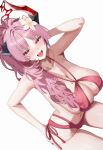  1girl bad_id bad_pixiv_id bare_shoulders bikini blue_archive blush breasts cleavage collarbone commentary_request earrings fangs fingernails flower hair_flower hair_ornament halo high_ponytail highres hoop_earrings horns huge_breasts jewelry long_hair looking_at_viewer mole mole_on_breast nail_polish navel open_mouth pink_hair ponytail red_bikini red_eyes red_halo red_horns red_nails satsuki_(blue_archive) satsuki_(swimsuit)_(blue_archive) simple_background smile solo stomach swimsuit teeth thighs tongue upper_teeth_only user_yhdp5543 white_background yellow_flower 