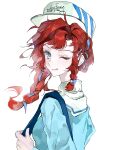  1girl :p ;p absurdres alternate_costume barcarola_(reverse:1999) baseball_cap blue_eyes blue_shirt bone_hair_ornament braid chinese_commentary commentary_request earrings from_side hair_ornament hairclip hat highres holding_strap jewelry long_hair looking_at_viewer mole mole_under_eye musical_note_earrings one_eye_closed reverse:1999 shirt solo star_(symbol) star_hair_ornament tongue tongue_out turning_head twin_braids upper_body white_background white_hat wu_fuzuoyong 