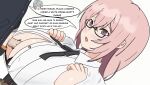  1boy 1girl black-framed_eyewear black_bra black_ribbon blush bra breasts breasts_squeezed_together button_gap center_opening clothed_sex collared_shirt english_text glasses hetero highres huge_breasts kneevirus_art long_hair neck_ribbon open_clothes open_mouth open_shirt paizuri partially_unbuttoned penis perpendicular_paizuri pink_eyes pink_hair ribbon shirt tsukishiro_yanagi underbust underwear white_shirt wise_(zenless_zone_zero) zenless_zone_zero 