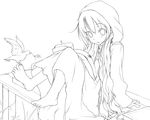  bad_id bad_pixiv_id barefoot bird greyscale kagerou_project kozakura_marry lineart long_hair monochrome negoto sitting solo 