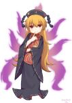  1girl azp_29 black_dress black_hat blonde_hair chinese_clothes chinese_commentary closed_mouth commentary_request crescent_print dalachi_(headdress) dated dress energy_tail fox_tail hair_between_eyes hat highres junko_(touhou) long_hair long_sleeves looking_at_viewer multiple_tails neck_ribbon red_eyes red_tabard ribbon signature simple_background smile solo tabard tail touhou very_long_hair white_background wide_sleeves yellow_ribbon 
