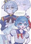  2girls absurdres ascot black_ascot blue_eyes blue_hair blue_jacket blue_wrist_cuffs bow braid closed_mouth commentary_request dorothy_west green_eyes grey_hair hair_between_eyes hat hat_ribbon highres jacket looking_at_viewer mini_hat multiple_girls open_mouth pretty_series pripara red_bow red_ribbon request_inset ribbon shikyoin_hibiki shirt shirt_bow short_hair single_braid tilted_headwear usasaki_(at4_vmb9) white_hat white_shirt wrist_cuffs zoom_layer 