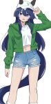  1girl absurdres animal_ears baseball_cap blue_eyes blue_hair blush breasts commentary_request denim denim_shorts ear_covers ears_through_headwear enukee green_jacket hair_between_eyes hat highres horse_ears horse_girl horse_tail jacket long_hair looking_at_viewer medium_breasts midriff mole mole_under_eye multicolored_hair navel open_clothes open_jacket open_mouth shirt shorts simple_background solo tail torn_clothes torn_shorts umamusume verxina_(umamusume) white_background white_shirt 