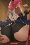  1girl absurdres ass ass_focus back black_shorts black_sleeves black_wings breasts detached_sleeves dgkamikaze english_text feathered_wings from_behind hand_up highres holding holding_leash huge_ass indoors leash looking_at_viewer looking_back low_wings official_alternate_costume pink_hair pointy_ears remielle_dan remielle_dan_(moonlight_whispers) short_shorts shorts sitting solo speech_bubble spreading_own_ass variant_set viewer_holding_leash wings zenless_zone_zero 