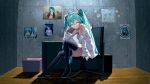  1girl absurdres aqua_hair bare_shoulders black_boots boots breasts chair cleavage commentary_request double-parted_bangs drawing_kanon full_body glasses green_eyes hair_between_eyes hair_intakes hatsune_miku highres holding holding_panties holding_underwear holding_unworn_clothes kurumi_ponchio_(vocaloid) long_hair long_sleeves looking_at_viewer medium_breasts niconico on_chair open_mouth panties shirt sitting solo song_name striped_clothes striped_panties suggestive_fluid suna_no_wakusei_(vocaloid) terebi-chan thigh_boots twintails underwear very_long_hair vocaloid watashi_no_jikan_(vocaloid) white_shirt 