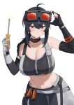  1girl absurdres ahoge asymmetrical_gloves black_gloves black_pants black_sports_bra breasts brown_eyes cleavage commentary cowboy_shot crop_top glint gloves goggles goggles_on_head grace_howard grey_gloves highres holding holding_screwdriver kanghak large_breasts long_hair looking_at_viewer midriff mismatched_gloves navel orange-tinted_eyewear pants partially_fingerless_gloves ponytail screwdriver sidelocks simple_background smile solo sports_bra tinted_eyewear white_background zenless_zone_zero zipper zipper_pull_tab 