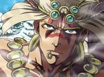  battle_tendency blonde_hair blue_eyes earrings facial_mark hairlocs hat hoop_earrings jewelry jojo_no_kimyou_na_bouken lip_piercing male_focus necklace piercing pipes ring solo tattoo turban wamuu wind 