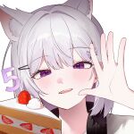  1girl animal_ear_fluff animal_ears blush cake cake_slice candle cat_ears cat_girl commentary food fruit grey_hair hair_ornament hairclip hand_up headphones headphones_around_neck highres ine_(waktaverse) isegye_idol korean_commentary looking_at_viewer medium_hair number_candle open_hand open_mouth portrait purple_eyes seoribbit shirt short_hair simple_background smile solo strawberry strawberry_shortcake teeth upper_teeth_only virtual_youtuber waktaverse white_background white_hair white_shirt 