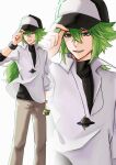  1boy black_hat black_undershirt blue_eyes brown_pants commentary_request green_hair hair_between_eyes hat highres jewelry long_hair looking_at_viewer male_focus mochikome_1127 n_(pokemon) necklace pants pokemon pokemon_black_and_white shirt smile solo white_background white_shirt zoom_layer 