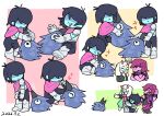  ... 1boy 1girl 1other antenna_hair armor armored_boots bird black_pants blue_hair blue_skin blush_stickers boots breastplate chibi chibi_only cloak closed_mouth colored_sclera colored_skin crossed_arms deltarune frown furry furry_male gauntlets goat_boy green-framed_eyewear green_cloak grey_boots highres horns hug kawkaw_(deltarune) kris_(dark_world)_(deltarune) kris_(deltarune) licking long_hair other_focus pants petting pink_horns pink_scarf posui0_0 purple_hair purple_skin ralsei reptile_girl scarf shaded_face short_hair spoken_ellipsis susie_(dark_world)_(deltarune) susie_(deltarune) utdr_(toby_fox) white_fur yellow_sclera 