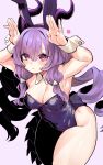  1girl :< alternate_costume animal_ear_hairband animal_ears arknights arknights:_endfield armpits arms_up black_hairband blush breasts cleavage closed_mouth commentary covered_navel cowboy_shot detached_collar dragon_girl dragon_horns dragon_tail drill_hair embarrassed fake_animal_ears hair_between_eyes hair_ornament hairband highres horns leaning_forward leotard long_hair looking_at_viewer medium_breasts mole mole_on_thigh purple_background purple_eyes purple_horns purple_leotard rabbit_ear_hairband rabbit_ears rabbit_pose shima_(wideshi_ma) sidelocks simple_background solo standing sweatdrop tail triangle_hair_ornament twin_drills typhon_(arknights) white_wrist_cuffs wrist_cuffs 