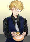  1boy :t black_shirt blonde_hair blue_vest collared_shirt commentary_request dress_shirt eating esse_series eyepatch food food_request griffin_stewart highres holding holding_food holding_plate horseshoe_print male_focus necktie oshi_no_taisetsuna_hito_ni_narikawaru plate print_necktie shirt solo swept_bangs totsuzen_e vest 