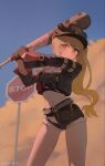  1girl ass_visible_through_thighs belt blonde_hair brown_eyes club_(weapon) crop_top cropped_jacket cropped_shirt denim denim_shorts helmet highres long_hair looking_at_viewer luciana_de_montefio navel pamo road_sign shorts side_ponytail sign solo standing stomach stop_sign weapon zenless_zone_zero 