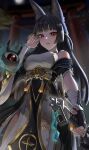  1girl animal_ear_fluff animal_ears bare_shoulders black_dress black_hair blush breasts closed_mouth commentary dress flower fox_ears fox_girl from_below hair_flower hair_ornament highres holding holding_sword holding_weapon hoshimi_miyabi hoshimi_miyabi_(dignified_blossom) japanese_clothes katana large_breasts long_hair long_sleeves looking_at_another looking_at_viewer official_alternate_costume pengza red_eyes solo sword two-tone_dress weapon white_dress zenless_zone_zero 