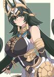  1girl absurdres ancient_egyptian_clothes animal_ears ankh ankh_necklace black_dress black_gloves blush breasts commentary_request dress duel_monster elbow_gloves fingerless_gloves gainai_(gainai1103) gloves green_eyes green_hair highres jackal_ears jackal_girl jewelry large_breasts long_hair looking_at_viewer necklace open_mouth sennet_prophet_-_nefertari solo very_long_hair yu-gi-oh! 