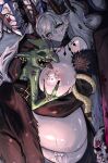  1boy 1girl after_sex after_vaginal bite_mark bite_mark_on_breast breasts commentary_request cuddling cum cum_in_pussy demon_girl demon_horns fate/grand_order fate_(series) goblin green_eyes highres horns hug interspecies large_breasts lilith_(fate) lipstick_mark lipstick_mark_on_face maabo_harusame monster nipples on_bed slit_pupils smile stray_pubic_hair twintails white_hair 