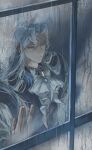  1boy absurdres arm_up ascot black_vest blue_eyes closed_mouth collared_shirt commentary curtained_hair english_commentary formal_clothes gem genshin_impact hair_behind_ear highres long_sleeves looking_outside male_focus multicolored_hair neuvillette_(genshin_impact) rain ronpu_cooing shirt solo streaked_hair vest white_ascot white_gem white_hair white_shirt window wing_collar 