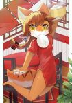  1girl absurdres animal_ear_fluff animal_ears bamboo_steamer black_bow blush bow braid brown_hair chinese_clothes closed_mouth commentary_request double-parted_bangs dress fang fang_out food food_in_mouth fox_ears fox_girl fox_tail full_body furry furry_female hair_between_eyes hair_bow hair_ornament highres holding holding_bamboo_steamer long_hair orange_fur original outside_border pillarboxed po!_(popoemo) qipao red_dress short_dress short_sleeves signature single_braid skin_fang solo steamed_bun tail twitter_username two-tone_fur white_fur x_hair_ornament yellow_eyes 