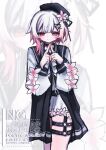  1girl 4_(nn_1_zo) belt beret black_choker black_coat black_hat center_frills choker closed_mouth coat collared_coat commentary_request cowboy_shot flower flower-trimmed_shorts flower-trimmed_sleeves frills gradient_hair hair_flower hair_ornament hat hat_flower hat_ribbon highres long_sleeves looking_at_viewer mahou_shoujo_no_majo_saiban making-of_available multicolored_hair neck_ribbon o-ring o-ring_thigh_strap own_hands_together pants pink_eyes pink_hair ribbon sakuraba_ema shirt short_hair shorts sleeveless sleeveless_coat solo thigh_strap watermark white_flower white_hair white_pants white_ribbon white_shirt white_shorts white_sleeves x_hair_ornament zoom_layer 