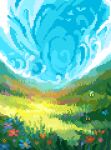  bee blue_sky bug commentary field flower grass hexh highres landscape no_humans original pixel_art scenery sky 