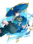  1boy absurdres arm_at_side asymmetrical_sleeves belt black_belt black_bodysuit black_bow black_bridal_gauntlets black_shorts blue_background blue_hat blue_jingasa blue_kimono blue_rope blue_sash blue_sleeves blunt_ends bodysuit border bow bridal_gauntlets choppy_bangs closed_mouth commentary_request eyeliner furisode genshin_impact gold gold_ring hakama hakama_shorts hat highres japanese_clothes jingasa juban kimono leg_warmers looking_at_viewer makeup male_focus mandarin_collar middle_ring offering_hand open_clothes open_hand open_kimono pleated_shorts purple_eyes red_eyeliner rope sash scaramouche_(genshin_impact) short_sleeves shorts shoulder_peek smile solo split_mouth tassel tikumashi tsurime twitter_username wanderer_(genshin_impact) white_border white_kimono white_leg_warmers white_sleeves wind 