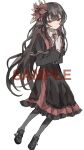  1girl armband black_capelet black_hair black_pantyhose black_shirt black_shoes black_skirt capelet closed_mouth collared_shirt commentary_request crown flower full_body gloves hair_flower hair_ornament highres layered_skirt long_hair long_skirt long_sleeves looking_at_viewer mahou_shoujo_no_majo_saiban mini_crown necktie nikaido_hiro overskirt pantyhose pi1ne2 plaid_clothes plaid_skirt pleated_skirt red_armband red_eyes red_flower red_necktie red_skirt sample_watermark shirt shoes side_capelet skirt smile solo watermark white_gloves white_shirt 