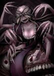  1girl blonde_hair breasts cleavage commentary_request dress extra_arms fingernails frilled_hat frilled_sleeves frills hair_over_eyes hat hat_ribbon highres horror_(theme) large_breasts long_hair mob_cap morph426 open_mouth pink_dress red_ribbon ribbon sharp_fingernails sharp_teeth short_sleeves smile solo teeth touhou very_long_hair white_hat wide_sleeves yakumo_yukari 