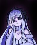  1girl :| black_eyes black_nails bow bowtie breasts choker cleavage closed_mouth commentary detached_sleeves expressionless fate/strange_fake fate_(series) francesca_prelati_(fate) gradient_background hair_bow highres large_breasts leotard long_hair looking_at_viewer maabo_harusame nail_polish ringed_eyes solo solo_focus white_hair 