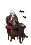  1boy bat_(animal) black_boots black_coat black_pants boots bungou_stray_dogs bungou_stray_dogs:_mayoi_inu_kaikitan chair coat collared_shirt crossed_legs cup drink drinking_glass frilled_sleeves frills fukuzawa_yukichi_(bungou_stray_dogs) full_body game_asset gloves grey_necktie hair_between_eyes holding holding_cup holding_drink long_sleeves looking_at_viewer male_focus mask masquerade_mask medium_hair necktie official_alternate_costume official_art on_chair pants red_shirt shirt sitting solo third-party_source transparent_background white_gloves white_hair 