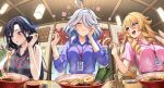  3girls absurdres ahoge alternate_costume bare_shoulders black_nails blonde_hair blue_eyes blue_hair blush breasts chopsticks clorinde_(genshin_impact) collared_shirt colored_inner_hair commentary_request contemporary dumpling eating fanning_self fingernails food foodgasm furina_(genshin_impact) genshin_impact grey_hair grey_shirt hair_between_eyes hair_intakes hand_on_own_face happy_aura highres holding holding_chopsticks holding_with_chopsticks hot id_card indoors jiaozi lanyard large_breasts looking_at_another looking_at_food medium_breasts multicolored_hair multiple_girls navia_(genshin_impact) no-ba noodles office_lady open_mouth pink_shirt purple_eyes purple_hair purple_shirt ramen shirt sleeveless sleeveless_shirt smile solo streaked_hair sweat tears turning_head 
