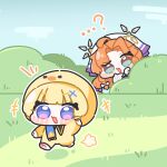  ...? 2girls ? animal_costume blonde_hair blue_eyes blue_sky blush_stickers bow bush chibi chibi_only commentary_request cosplay day grass green_eyes hair_bow hair_ornament hat highres kigurumi long_hair looking_at_viewer multiple_girls open_mouth orange_hair outdoors parted_bangs phoebe_(wuthering_waves) running sigrika_(wuthering_waves) sky smile syurikenmaru walking wuthering_waves x_hair_ornament yellow_hat 
