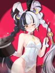  1girl animal_ear_hairband animal_ears bare_shoulders black_hair black_hat blush braid braided_twintails breasts collarbone commentary_request cowboy_shot dialyn_(zenless_zone_zero) earrings fake_animal_ears grin hair_ornament hairband hairclip hat highres holding holding_unworn_clothes holding_unworn_hat jewelry leotard long_hair looking_at_viewer multicolored_hair one_eye_closed playboy_bunny rabbit_ear_hairband rabbit_ears red_background small_breasts smile solo sparkle split-color_hair strapless strapless_leotard top_hat uixy unworn_hat unworn_headwear white_hair white_leotard white_wrist_cuffs wrist_cuffs yellow_eyes zenless_zone_zero 