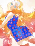  1girl ass blonde_hair blue_dress blue_eyes chinese_commentary commentary_request dress eyelashes floral_print floral_print_dress hairband highres junah_(metaphor:_refantazio) long_hair mag2998114315 metaphor:_refantazio open_mouth pencil_dress print_dress solo very_long_hair white_background white_hairband 