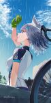  1girl absurdres animal_ear_fluff animal_ears arm_up bike_jersey blue_archive blue_eyes blue_sky breasts cloud commentary cross_hair_ornament cycling_uniform day english_commentary extra_ears gloves green_gloves grey_hair grin hair_ornament highres medium_breasts official_alternate_costume outdoors rain shiroko_(blue_archive) shiroko_(cycling)_(blue_archive) short_hair short_sleeves sky smile solo upper_body wolf_ears zakimpo 