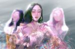  3girls black_hair blonde_hair blush commentary dress earrings eunha_(gfriend) eyeshadow gfriend hand_on_another's_shoulder highres jewelry junhuans looking_at_viewer makeup multiple_girls short_hair sinb_(gfriend) umji_(gfriend) upper_body 