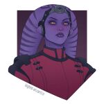  1girl alien artist_name black_jacket blighted-elf brown_eyes colored_skin highres jacket looking_at_viewer multicolored_jacket portrait purple_skin red_jacket solo star_wars twi'lek two-tone_jacket veiny_face web_address 