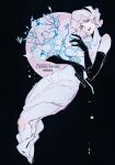  1girl bare_shoulders black_gloves black_hairband blue_eyes breasts cleavage collarbone dress elbow_gloves eyelashes eyeshadow flower gloves hairband highres holding holding_flower limited_palette makeup mole mole_under_eye original pink_eyeshadow rose short_hair shoulder_blush solo strapless strapless_dress tang_chen teeth upper_teeth_only wavy_hair white_flower white_rose 