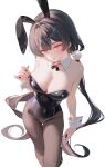  1girl absurdres animal_ears bare_arms bare_shoulders black_hair black_hairband black_leotard black_nails breasts brown_pantyhose bunny_day cleavage covered_navel detached_collar fake_animal_ears from_above full_cleavage hair_ornament hairband highres large_breasts leotard long_hair looking_at_viewer low_neckline low_twintails moemoepiano nail_polish neck_ribbon orange_eyes original pantyhose playboy_bunny pom_pom_(clothes) pom_pom_hair_ornament rabbit_ears ribbon saliva saliva_trail simple_background solo strapless strapless_leotard tongue tongue_out twintails very_long_hair white_background wrist_cuffs 