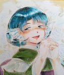  1girl absurdres blue_eyes blue_hair blush commentary_request fins frilled_kimono frills green_kimono head_fins highres japanese_clothes kimono kokechankokko long_sleeves looking_at_viewer merfolk mermaid monster_girl obi open_mouth own_hands_together purple_sash sash smile solo touhou traditional_media upper_body wakasagihime wide_sleeves 