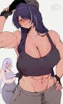  2girls abs absurdres acheron_(honkai:_star_rail) arnkun baseball_cap black_swan_(honkai:_star_rail) breasts cleavage collarbone crop_top fingerless_gloves gloves hair_over_one_eye hat highres honkai:_star_rail honkai_(series) large_breasts midriff multiple_girls pants purple_eyes purple_hair smile sportswear sweatdrop sweatpants tank_top toned toned_female 