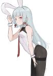  1girl alternate_costume animal_ear_hairband animal_ears ass black_bodystocking blue_hair blunt_bangs blunt_tresses blush bodystocking breasts bright_pupils cowboy_shot dated fake_animal_ears fake_tail from_side frown hair_ribbon hairband hand_up highres hikashima_(shiofune) kantai_collection leotard long_hair looking_at_viewer murakumo_(kancolle) necktie nontraditional_playboy_bunny rabbit_ear_hairband rabbit_ears rabbit_tail red_eyes red_necktie red_ribbon ribbon sidelocks signature simple_background small_breasts solo standing strapless strapless_leotard tail thighband_bodystocking tress_ribbon very_long_hair white_background white_hairband white_leotard white_pupils wrist_cuffs 