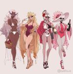  4girls angel angel_wings apple basket bikini black_bikini black_eyes black_hair blonde_hair breasts carmilla_carmine_(hazbin_hotel) colored_sclera colored_skin commentary dark-skinned_female dark_skin demon_girl earrings english_commentary food fruit fruit_basket glowing glowing_halo grapes grey_hair grey_sclera grey_skin hair_horns halo hat hazbin_hotel hellaverse highres holding holding_basket holding_food hoop_earrings jewelry large_breasts lilith_(hazbin_hotel) long_eyelashes long_hair looking_at_viewer multicolored_bikini multicolored_hair multiple_girls nurui_(namanu_ru) one-piece_swimsuit open_mouth pear red_eyes red_hat red_one-piece_swimsuit red_sclera rosie_(hazbin_hotel) sera_(hazbin_hotel) seraph_wings sharp_teeth short_hair smile solid_eye streaked_hair swimsuit teeth too_many_wings two-tone_bikini very_long_hair white_bikini white_eyes white_hair wings yellow_eyes 