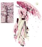  1girl black_bow bomal1215 bow cherry_blossoms falling_petals floral_print hair_petal holding holding_umbrella japanese_clothes kimono obi original personification petals photo-referenced pink_hair pink_petals reference_inset sandals sash solo tree twig umbrella white_background white_kimono 