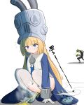  1girl 1other ^^^ blue_coat blunt_bangs boots character_request closed_mouth coat commentary_request constricted_pupils ethereal_(zenless_zone_zero) fart gas gloves grey_boots grey_hat hat highres invisible_floor long_hair long_sleeves monster nervous_sweating norma_hollowell peeing purple_eyes raised_eyebrows shako_cap simesaba_(xwdt4337) simple_background sound_effects squatting steam sweat thighhighs turning_head very_long_hair white_background white_gloves white_thighhighs zenless_zone_zero zipper zipper_pull_tab 