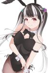  1girl absurdres animal_ears armlet bang_dream! bang_dream!_girls_band_party! black_bow black_bowtie black_hair black_leotard black_pantyhose bow bowtie breasts bunny_day cleavage closed_mouth commentary detached_collar fake_animal_ears highres jewelry leotard looking_at_viewer medium_breasts multicolored_hair nyubara_reona pantyhose playboy_bunny rabbit_ears red_eyes ryo_yanakasa solo twintails two-tone_hair white_hair white_wrist_cuffs wrist_cuffs 